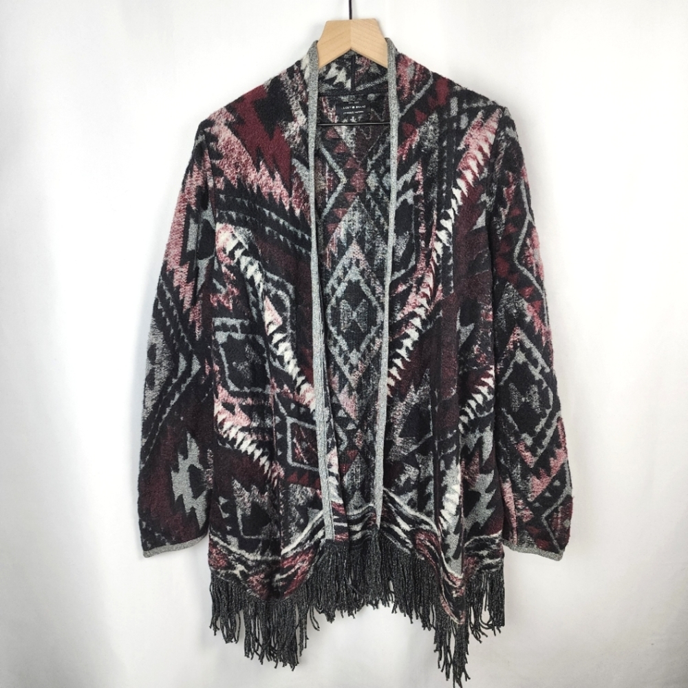 Lucky Brand Women's Black and Red Boho Fringe Open Front Cardigan Size M
